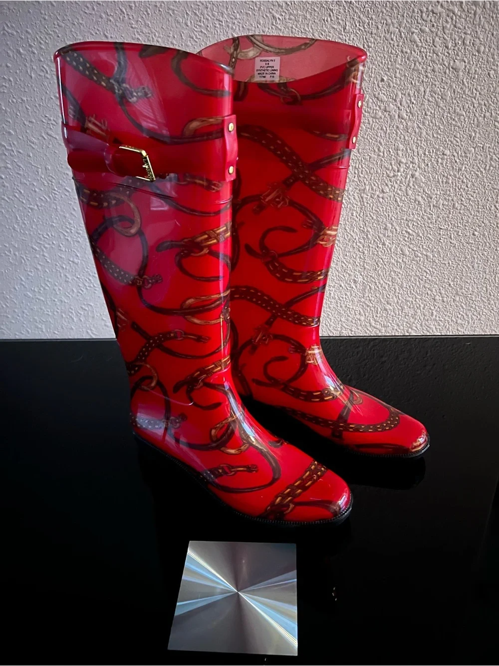 Lauren Ralph Lauren Red Patterned Gloss Rain Boots with Buckle Accent